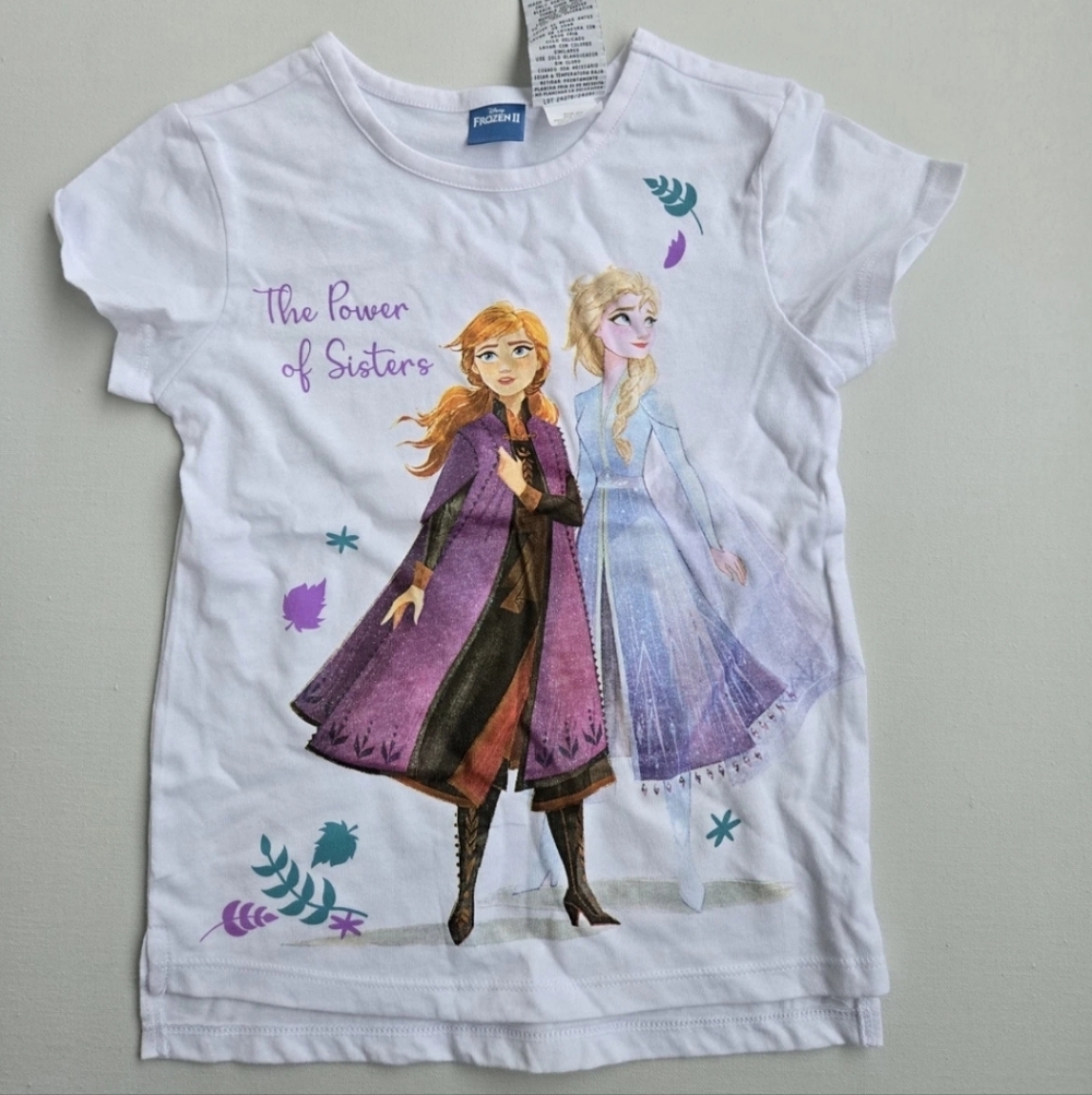 Frozen II Sister Power Graphic Tee Anna & Elsa Energy Short Sleeve White Sz 5